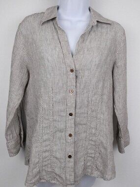 Foxcroft Womens Shirt 4 Gray Brown White Striped 100% Linen 3/4 Sleeve Fitted